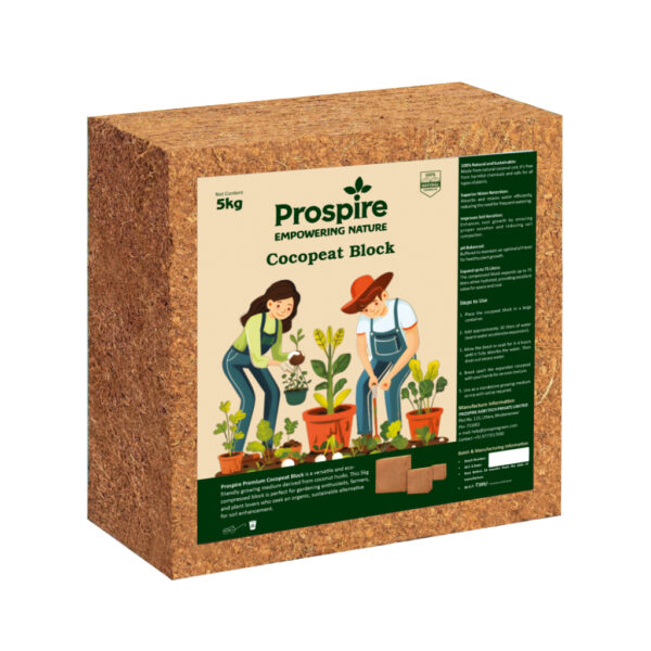 A 5kg compressed Prospire Cocopeat Block on a clean white background, showcasing its texture and branding.