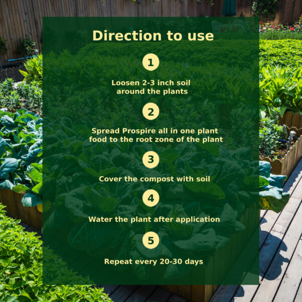 Prospire all one plant food Direction to use Loosen 2-3 inch soil around the plants 2 Spread Prospire all in one plant food to the root zone of the plant Cover the compost with soil Water the plant after application 5 Repeat every 20-30 days